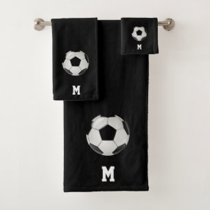 Voetbal & Monogram op Zwart Bad Handdoek