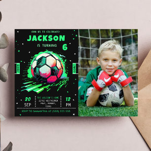 Voetbal Neon Verjaardag Foto uitnodiging