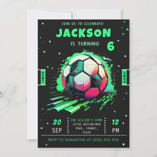 Voetbal Neon Verjaardag uitnodiging (Voorkant)