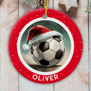 Voetbal Rode Kerstman Hoed Kerstmis Kind Naam Keramisch Ornament