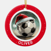 Voetbal Rode Santa Hat Christmas Kind`s Naam Keramisch Ornament (Voorkant)
