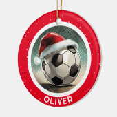 Voetbal Rode Santa Hat Christmas Kind`s Naam Keramisch Ornament (Links)