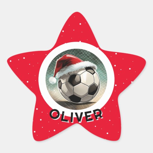 Voetbal Rode Santa Hat Christmas Kind`s Naam Ster Sticker (Voorkant)