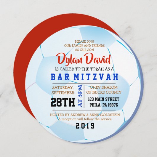 VOETBAL RONDE Bar Bat Mitzvah Uitnodiging (Voorkant / Achterkant)