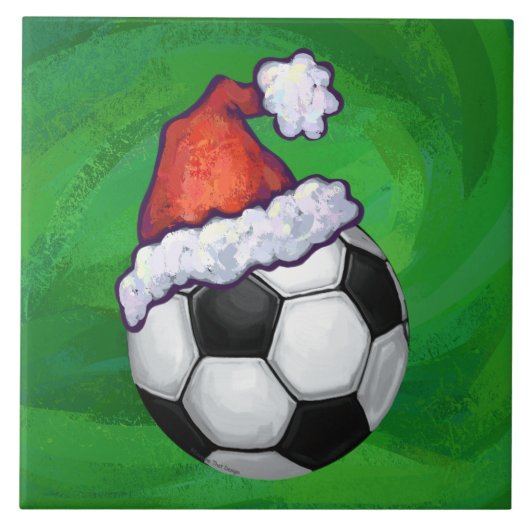 Voetbal Santa Hat op groen Tegeltje (Voorkant)