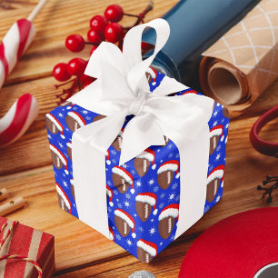 Voetbal Santa's Hoed & Sneeuwvlokken Blauw Cadeaupapier