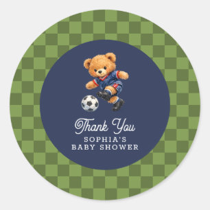 Voetbal Teddybeer Schachbrett Retro Baby Shower Ronde Sticker