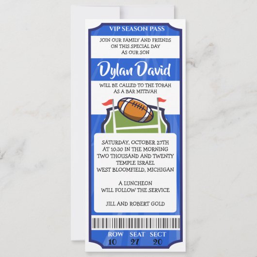 VOETBAL TICKET Bar Mitswa Uitnodiging (Voorkant)