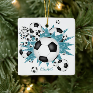 voetballen blauwgroen witte sterren meisjes sport keramisch ornament