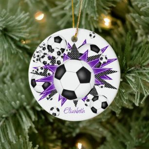 voetballen met paarse zwarte sterren keramisch ornament