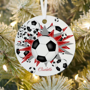 voetballen roodgrijze sterren metalen ornament