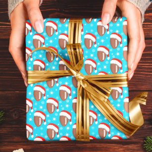 Voetballen Santa's Hoed & Sneeuwvlokken Aqua Cadeaupapier