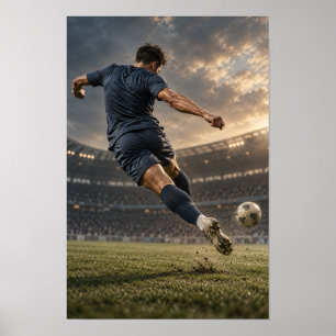 Voetbalspeler Krachtige Trap – Dramatische Stadion Poster