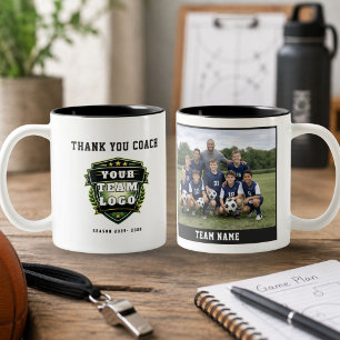Voetbalteam Foto Logo Bedankt Coach Tweekleurige Koffiemok