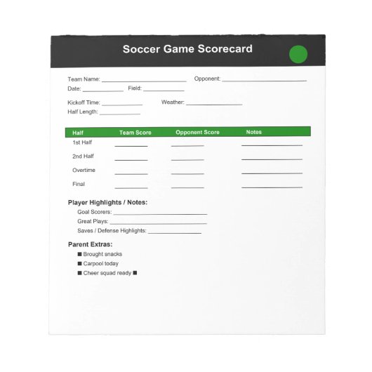 Voetbalwedstrijd Scorekaart Notitieblok (Voorkant)