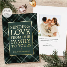 Carte de Noël Famille Tartan Luxe Vert Or