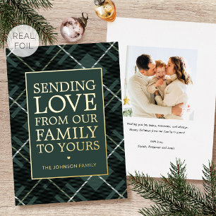 Vœux En Aluminium Carte de Noël Famille Tartan Luxe Vert Or