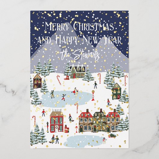 Vœux En Aluminium Carte de Noël personnalisée avec neige dorée (Recto)