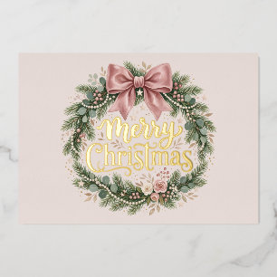 Vœux En Aluminium Carte photo de couronne de Noël au ruban rose Luxe