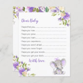 Voeux pour Cartes Bébé Purple Girl Elephant Douche (Devant / Derrière)