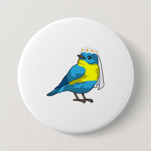 Vogel als bruid met bloemenkrans ronde button 7,6 cm (Voorkant)