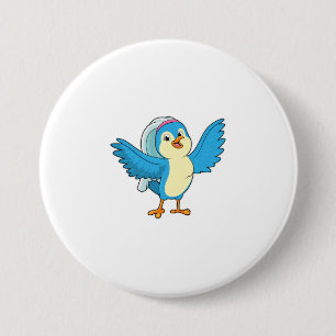 Vogel als bruid met sluier ronde button 7,6 cm