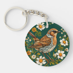 🕊️ Vogel Bloemrijke Natuur Rustige Stijl Sleutelhanger