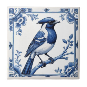 Vogel Delfts Blauw en Wit Aziatische Bloemen Tegeltje