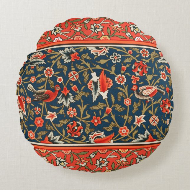 Vogel en bloem Perzisch blauw rood patroon Rond Kussen (Voorkant)