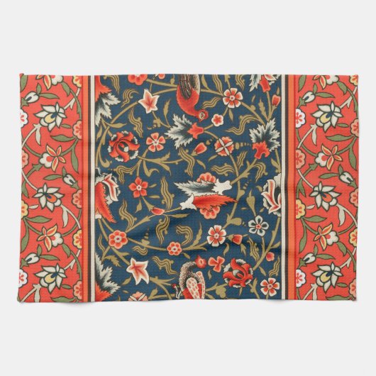 Vogel en bloem Perzisch blauw rood patroon Theedoek (Horizontaal)