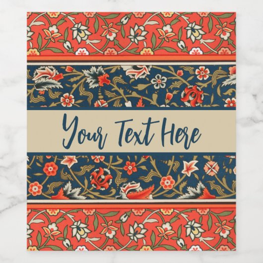 Vogel en bloem Perzisch blauw rood patroon Wijn Etiket (Enkel label)