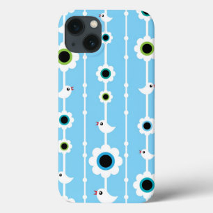 vogel en bloemen blauw patroon iPhone 13 hoesje