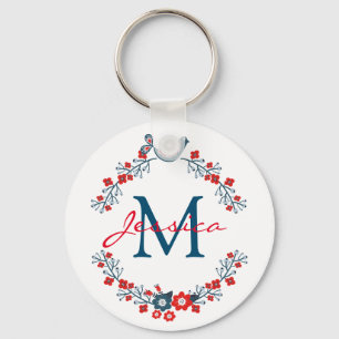 Vogel- en bloemen folk art krans monogram sleutelhanger