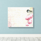 Vogel en bloemen met handschrift Shabby  Canvas Afdruk (Insitu (Houten vloer))