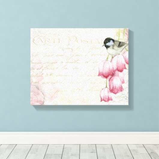 Vogel en bloemen met handschrift Shabby  Canvas Afdruk (Insitu (Houten vloer))