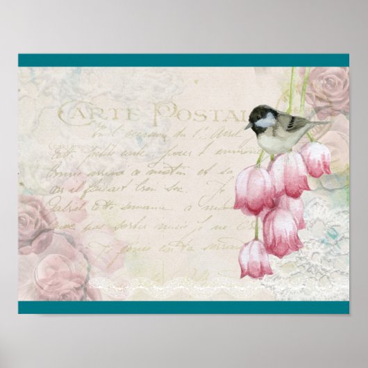 Vogel en bloemen met handschrift Shabby  Poster (Voorkant)