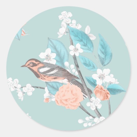 Vogel en bloemen ronde sticker (Voorkant)