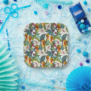Vogel en exotisch bloemenpatroon Monogram 2 Papieren Bordje
