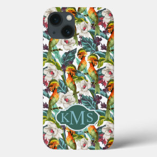 Vogel en Exotisch Patroon van de Bloem Monogram iPhone 13 Hoesje