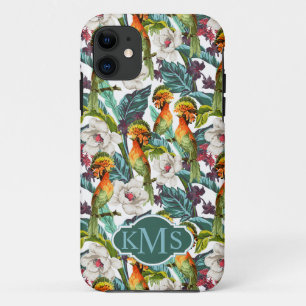 Vogel- en exotische bloempatroon   Monogram iPhone 11 Hoesje