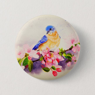 vogel en kersenbloesem waterverf schilderij ronde button 5,7 cm