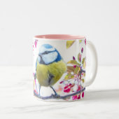 Vogel en roze bloesems tweekleurige koffiemok (Voorkant rechts)