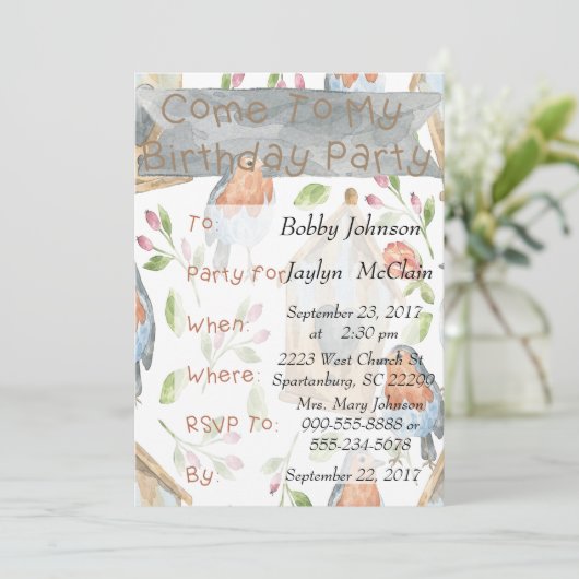 Vogel en vogelhuisje verjaardagsfeest uitnodiging (Staand voorkant)