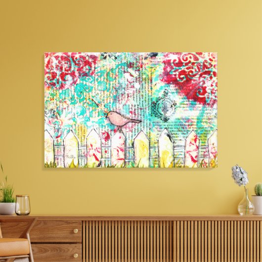 Vogel- en witpicketafdekking, gemengde media afsch canvas afdruk (Insitu (Woonkamer))