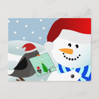 Vogel geeft kerstkaart aan sneeuwman feestdagenkaart