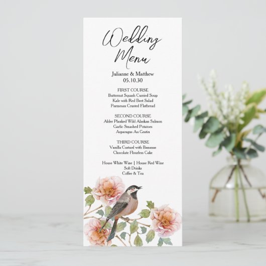 Vogel in Bloemen Bruiloft Menu (Staand voorkant)