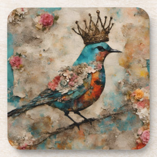 Vogel in een Crown Mixed Media Collage Bier Onderzetter
