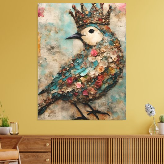 Vogel in een Crown Mixed Media Collage Canvas Afdruk (Insitu (Woonkamer))