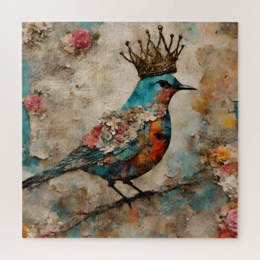 Vogel in een Crown Mixed Media Collage Legpuzzel (Verticaal)