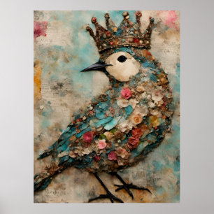 Vogel in een Crown Mixed Media Collage Poster